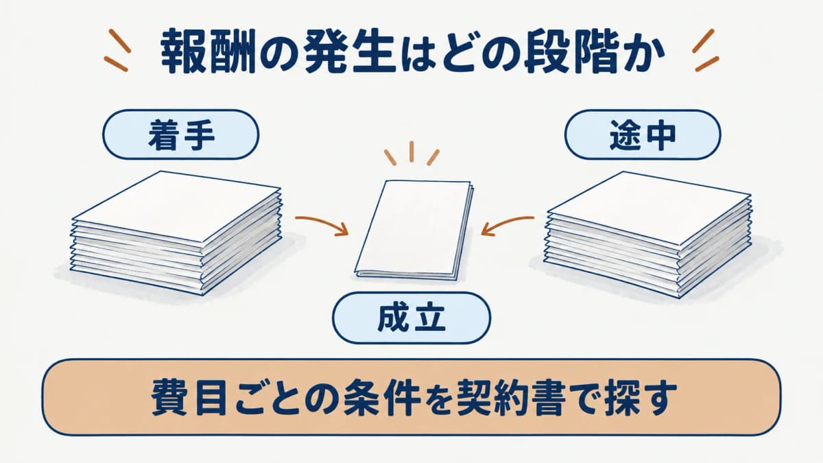 着手・途中・成約の手数料発生条件を契約書で分ける図