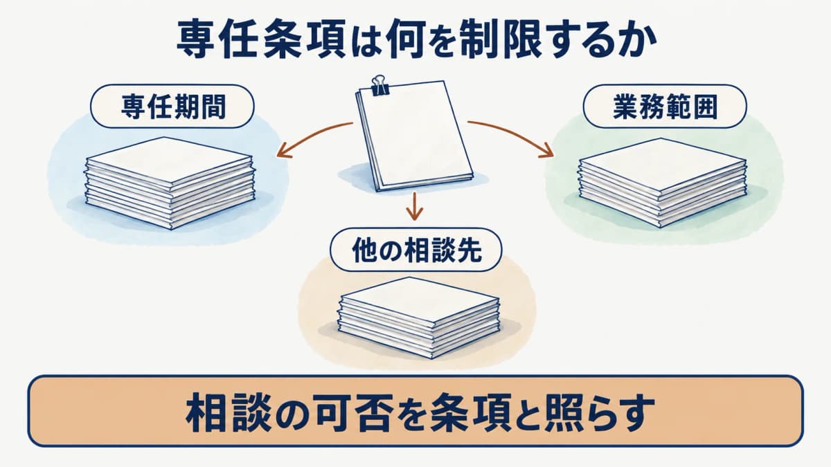 専任条項の期間と他の支援者への相談範囲を示す図