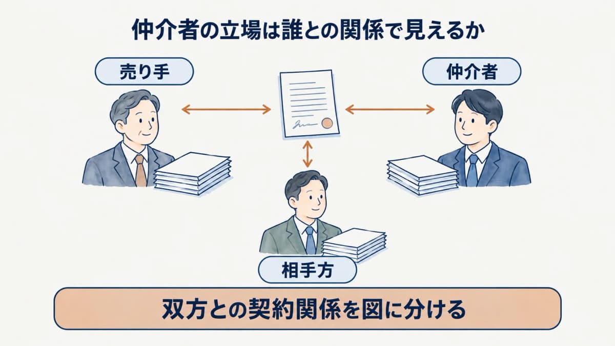 仲介者と売り手・相手方の契約関係を分ける図