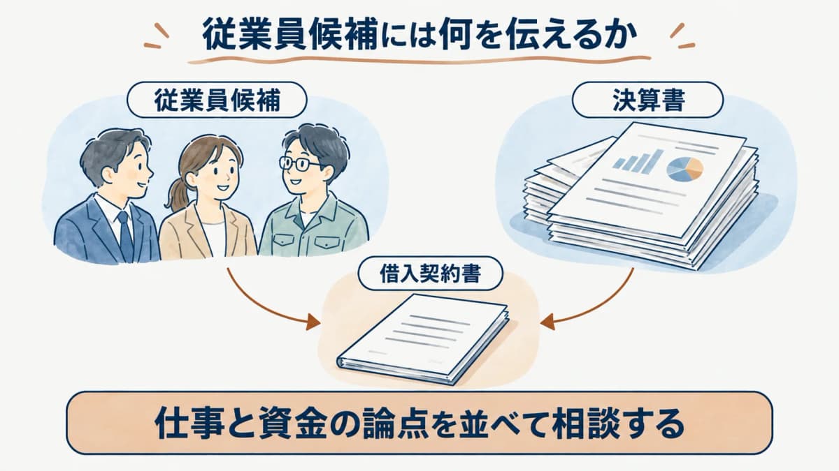 従業員候補と決算書・借入契約書を対応させる図
