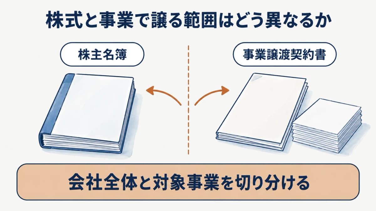 株式と事業の範囲を株主名簿と事業譲渡契約書で示す図