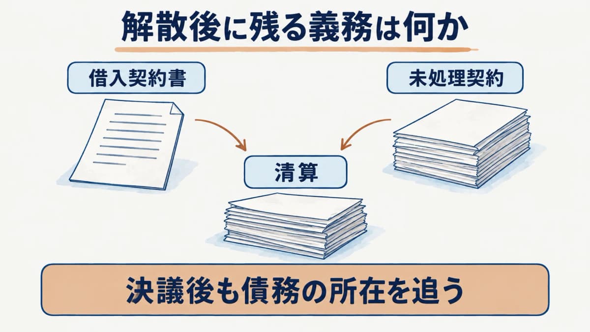 解散後も残る借入契約書と清算の関係を示す図