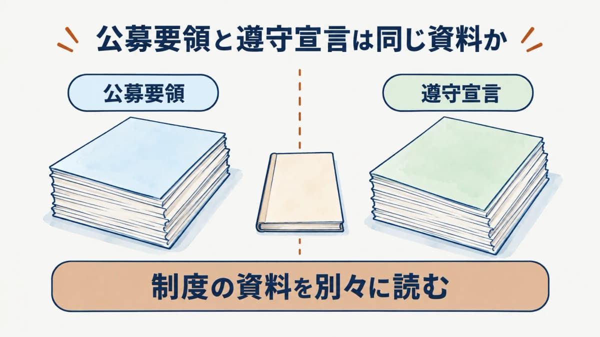 令和8年度公募要領と遵守宣言を別の資料として示す図