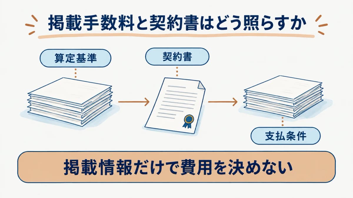 データベースの手数料算定欄と契約書を照らす図