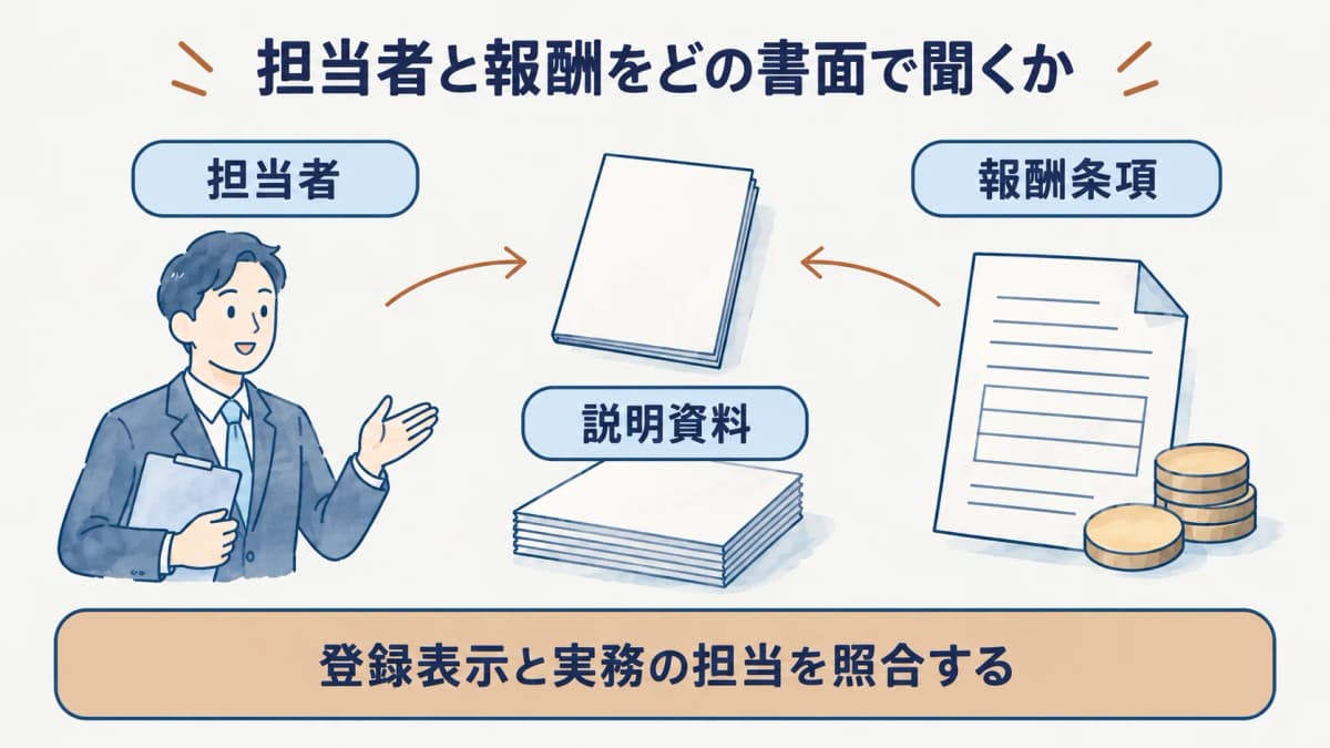 担当者と報酬の説明を契約書に結び付ける図